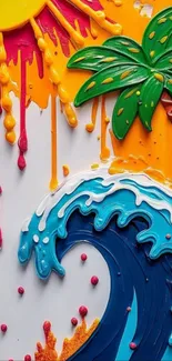 Vibrant tropical art with sun, palm tree, and ocean wave.