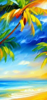 Vibrant, colorful tropical beach scene with palm trees.