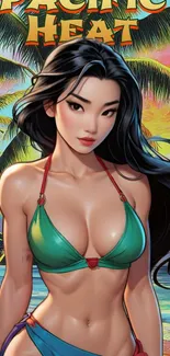 Anime style character on tropical beach with vibrant colors.