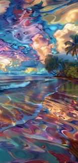 Vibrant tropical beach with colorful waves and palm trees in surreal art style.