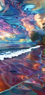 Vibrant tropical beach with swirling colorful sky and tranquil sea waves.