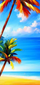 Vibrant tropical beach with palm trees and blue sky.