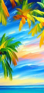 Colorful tropical beach wallpaper with vibrant palm trees.