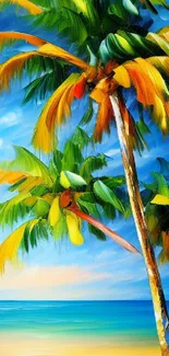 Vibrant tropical beach with colorful palm trees under a blue sky.