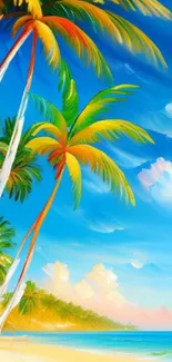 Vibrant tropical beach artwork with palm trees and blue sky.