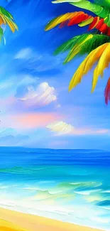 Vibrant tropical beach art with colorful palms and ocean.