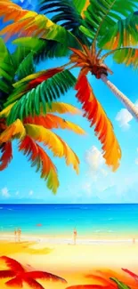 Vibrant tropical beach with colorful palm trees and blue ocean, perfect for mobile wallpaper.