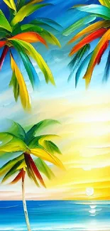 Vibrant tropical beach scene with palm trees and colorful sunset.