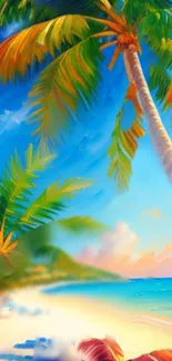 Vibrant tropical beach wallpaper with palm trees and blue ocean.