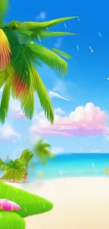 Vibrant beach scene with palm trees and blue sky wallpaper.