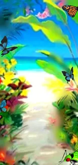 Colorful tropical beach wallpaper with butterflies and ocean view.