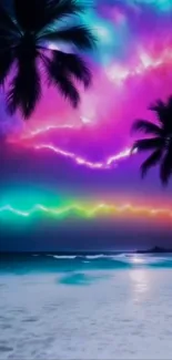 Vibrant tropical beach with neon sky and palm silhouettes.