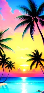 Vibrant tropical beach sunset with palm tree silhouettes and colorful sky.