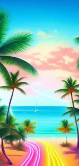 Vibrant tropical beach sunset with neon palm trees.