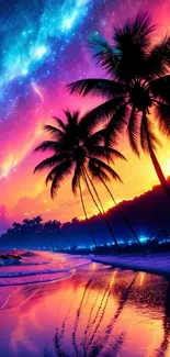 Vibrant tropical sunset with palm silhouettes on a colorful beach.