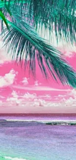 Tropical beach wallpaper with pink sky and teal palm leaves.