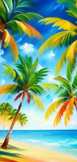 Colorful tropical beach with palm trees and blue ocean wallpaper.