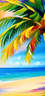 Colorful tropical beach with palm tree and ocean view.