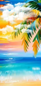 Vibrant tropical beach scene with palm leaves and sunset sky.