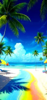 Vibrant tropical beach scene with colorful umbrellas under a blue sky.