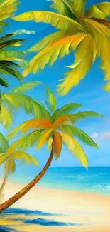 A vibrant tropical beach scene with palm trees and a clear blue sky.