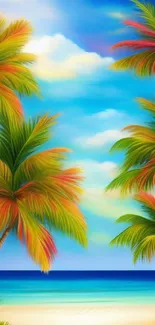 Vibrant tropical beach wallpaper with colorful palm trees and blue sky.