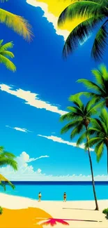 Vibrant tropical beach wallpaper with palms and blue sky.