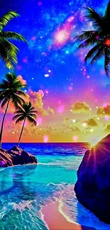 Vibrant tropical beachscape with colorful sunset and palm trees.