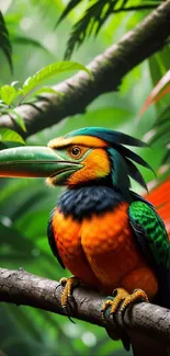 Colorful tropical bird perched in vibrant jungle scenery.