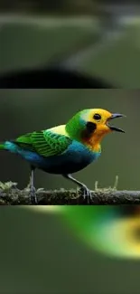 Colorful tropical bird with green and yellow feathers perched on a branch.