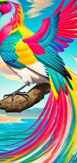 A colorful tropical bird perched by the ocean against a bright sky.