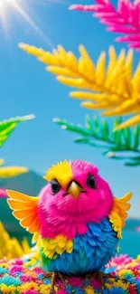 Vibrant tropical bird with colorful feathers under a sunny sky.