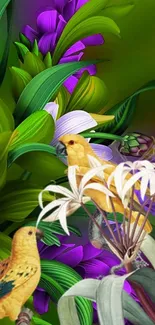 Vibrant birds amidst tropical flowers and lush green foliage.