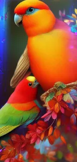 Vibrant, colorful illustration of two tropical birds on a leafy branch.