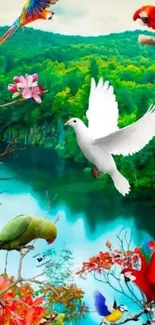 Vibrant tropical birds flying over a scenic green forest and lake.