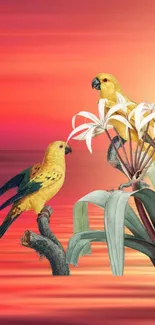 Tropical birds perched on branches with a sunset background.