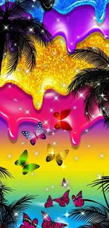 Colorful tropical wallpaper with butterflies, palms, and vibrant colors.