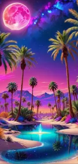 Colorful tropical oasis with purple moon.