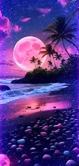 Vibrant tropical beach scene with pink moon and ocean waves.