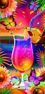 Vibrant tropical mobile wallpaper with drink, butterflies, and flowers.