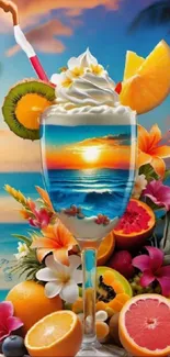 Tropical drink with sunset reflection and fruit garnishes.