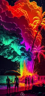 Vibrant artwork of a tropical explosion with neon colors and palm trees.