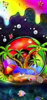 Vibrant tropical fantasy art wallpaper with colorful palm trees and ocean scenery.