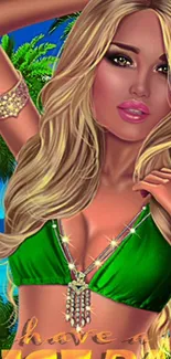 Fashionable character in green bikini on tropical beach.