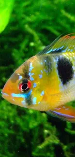 Close-up of vibrant tropical fish with green background.