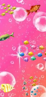 Vibrant tropical fish swimming in a pink bubbly background with colorful details.