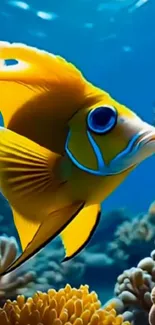 Vibrant tropical fish swims in a colorful coral reef.
