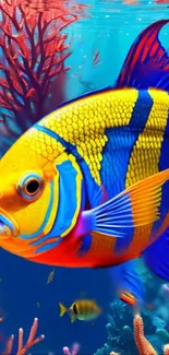 Vibrant yellow and blue tropical fish swimming in underwater coral reef.