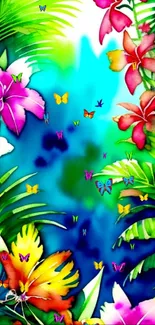 Vibrant tropical floral wallpaper with lush leaves and colorful flowers.