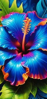 Vibrant blue hibiscus with colorful leaves.